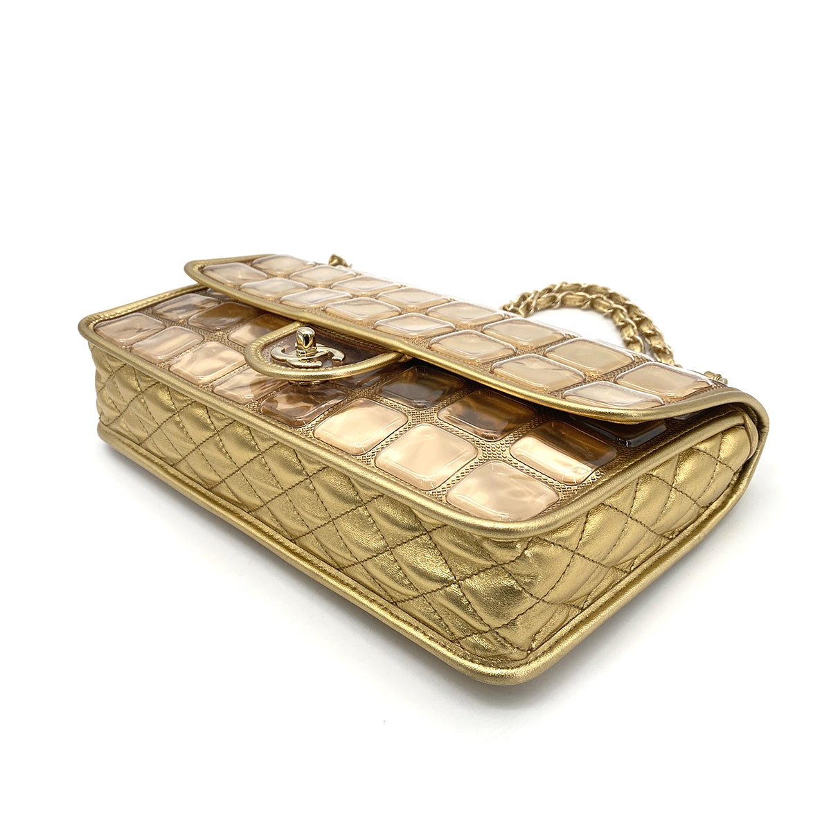 CHANEL VINTAGE ICE CUBE CHAIN SHOULDER BAG GOLD VINYL LAMB SKIN 90258815