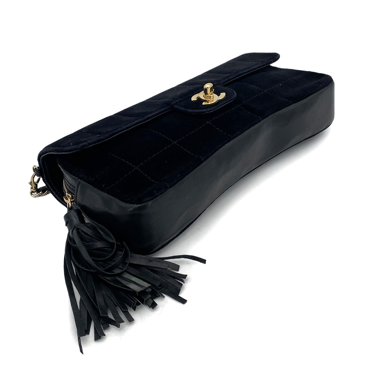 CHANEL VINTAGE CHOCOLATE BAR FRINGE SHOULDER BAG BLACK VELOR 90258846