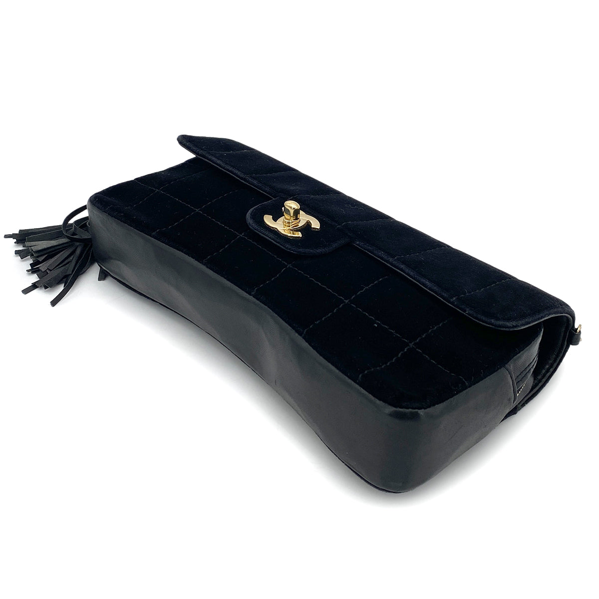 CHANEL VINTAGE CHOCOLATE BAR FRINGE SHOULDER BAG BLACK VELOR 90258846