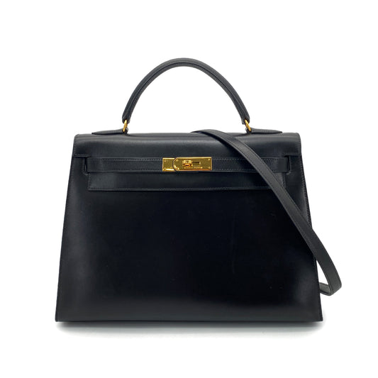 HERMES KELLY 32 SELLIER BLACK BOX CALF HAND SHOULDER BAG 〇V GHW 90258877