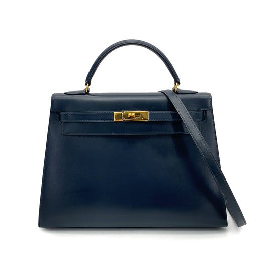 HERMES KELLY 32 SELLIER BLUE INDIGO BOXCALF HAND SHOULDER BAG 〇X GHW 90258889