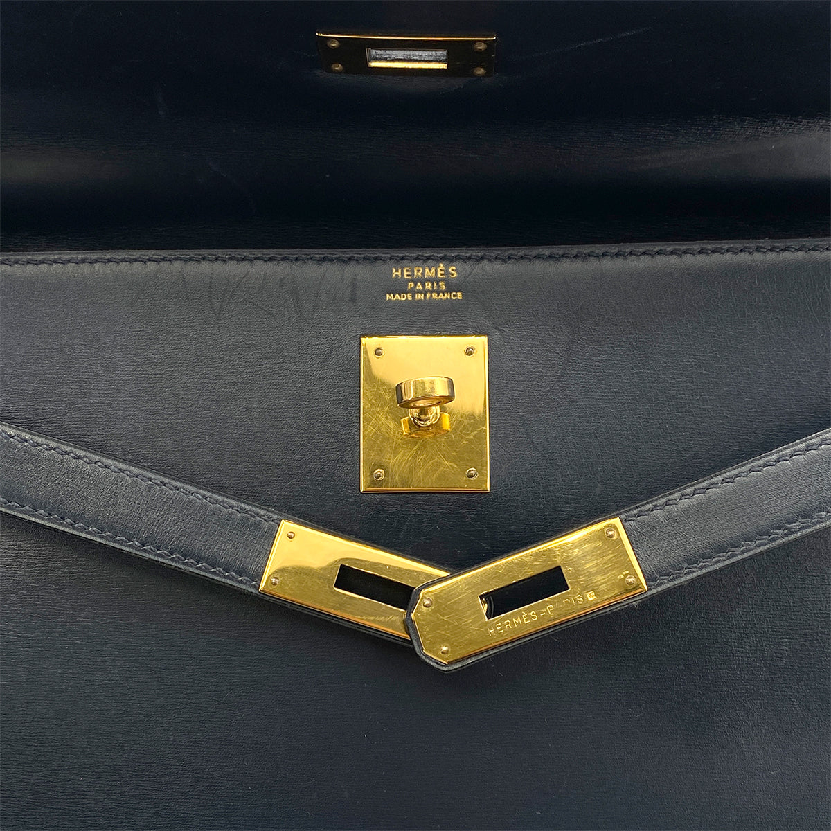 HERMES KELLY 32 SELLIER BLUE INDIGO BOXCALF HAND SHOULDER BAG 〇X GHW 90258889