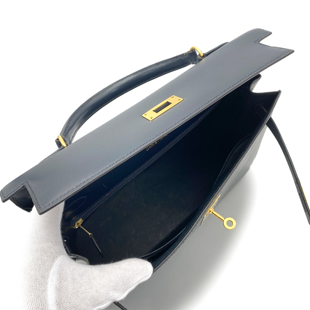 HERMES KELLY 32 SELLIER BLUE INDIGO BOXCALF HAND SHOULDER BAG 〇X GHW 90258889