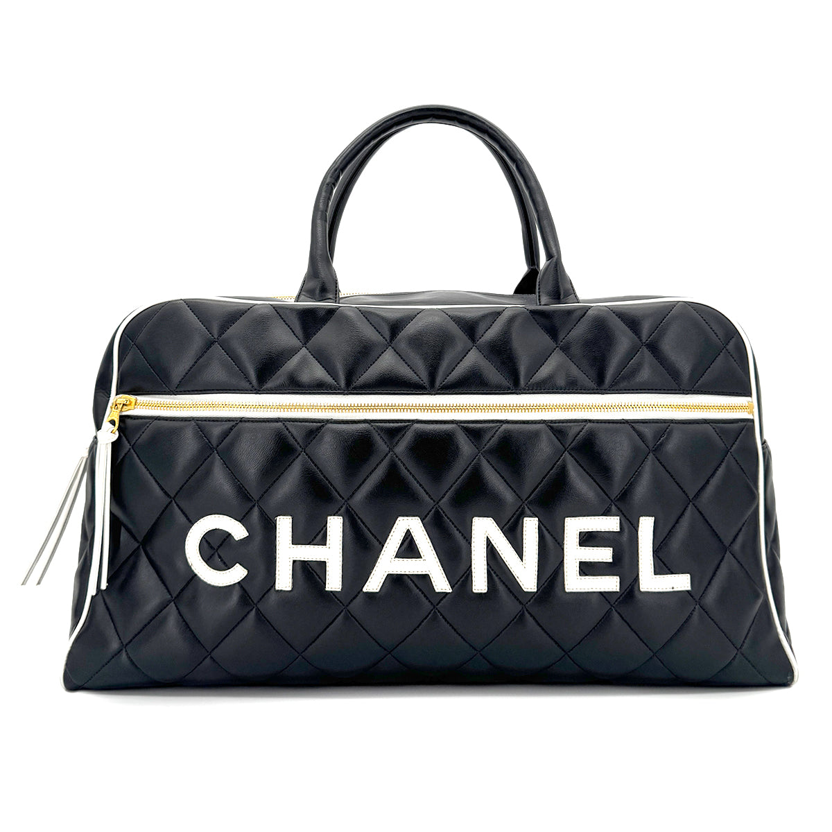 CHANEL VINTAGE MATELASSE LOGO LEATHER  BOSTON HAND BAG BLACK  90258901