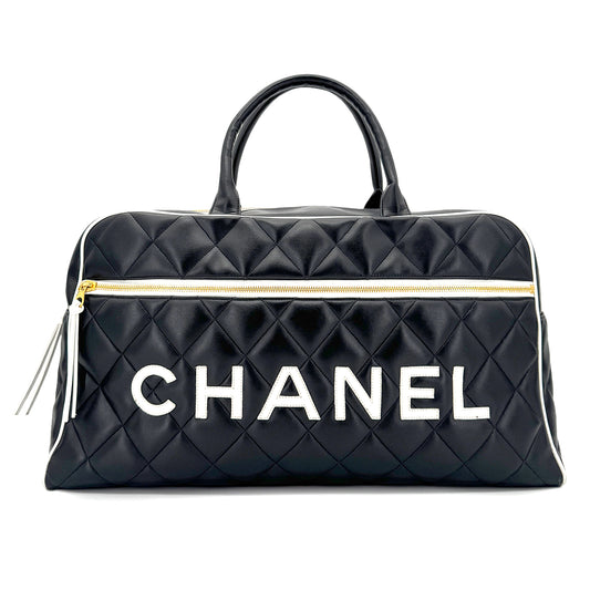 CHANEL VINTAGE MATELASSE LOGO LEATHER  BOSTON HAND BAG BLACK  90258901