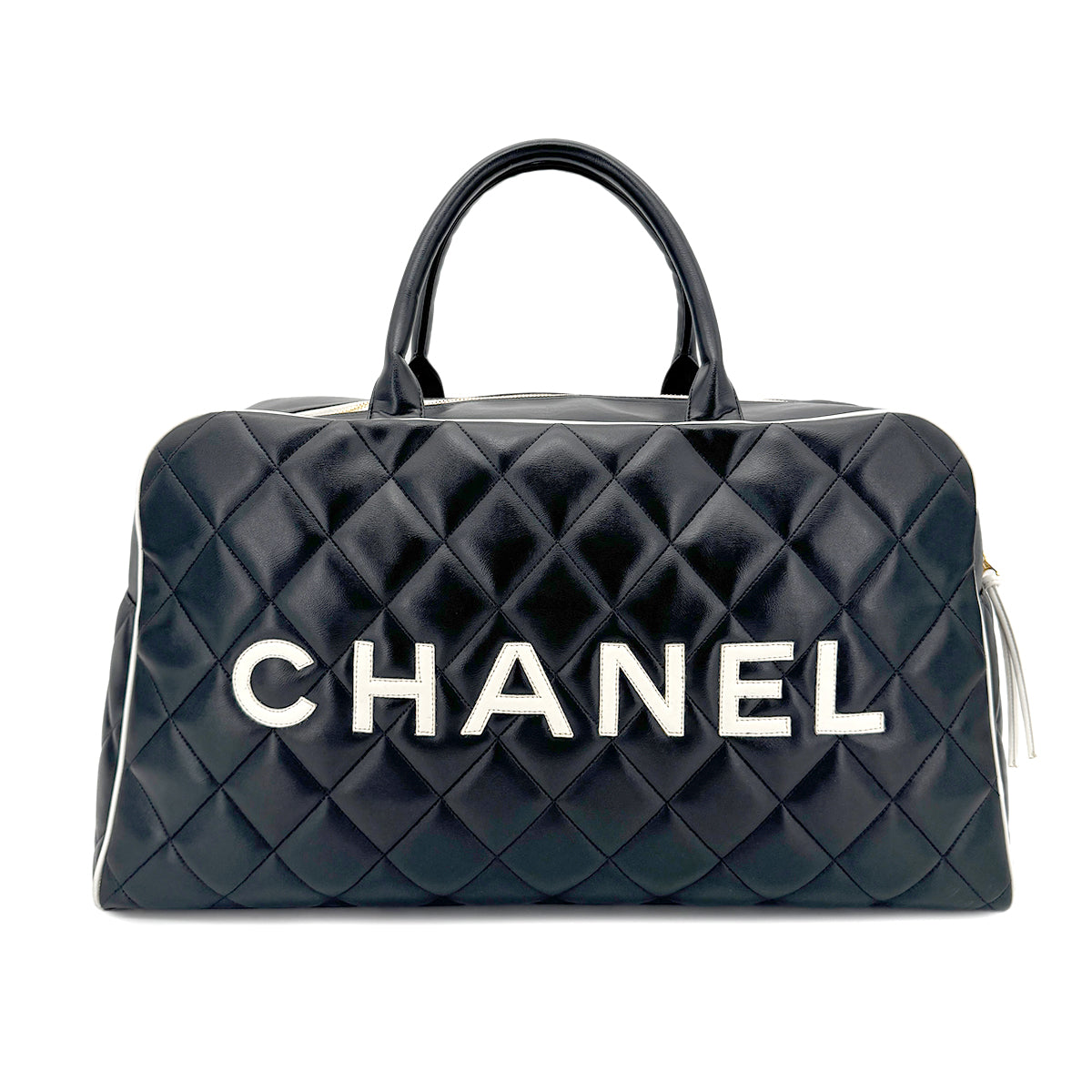 CHANEL VINTAGE MATELASSE LOGO LEATHER  BOSTON HAND BAG BLACK  90258901