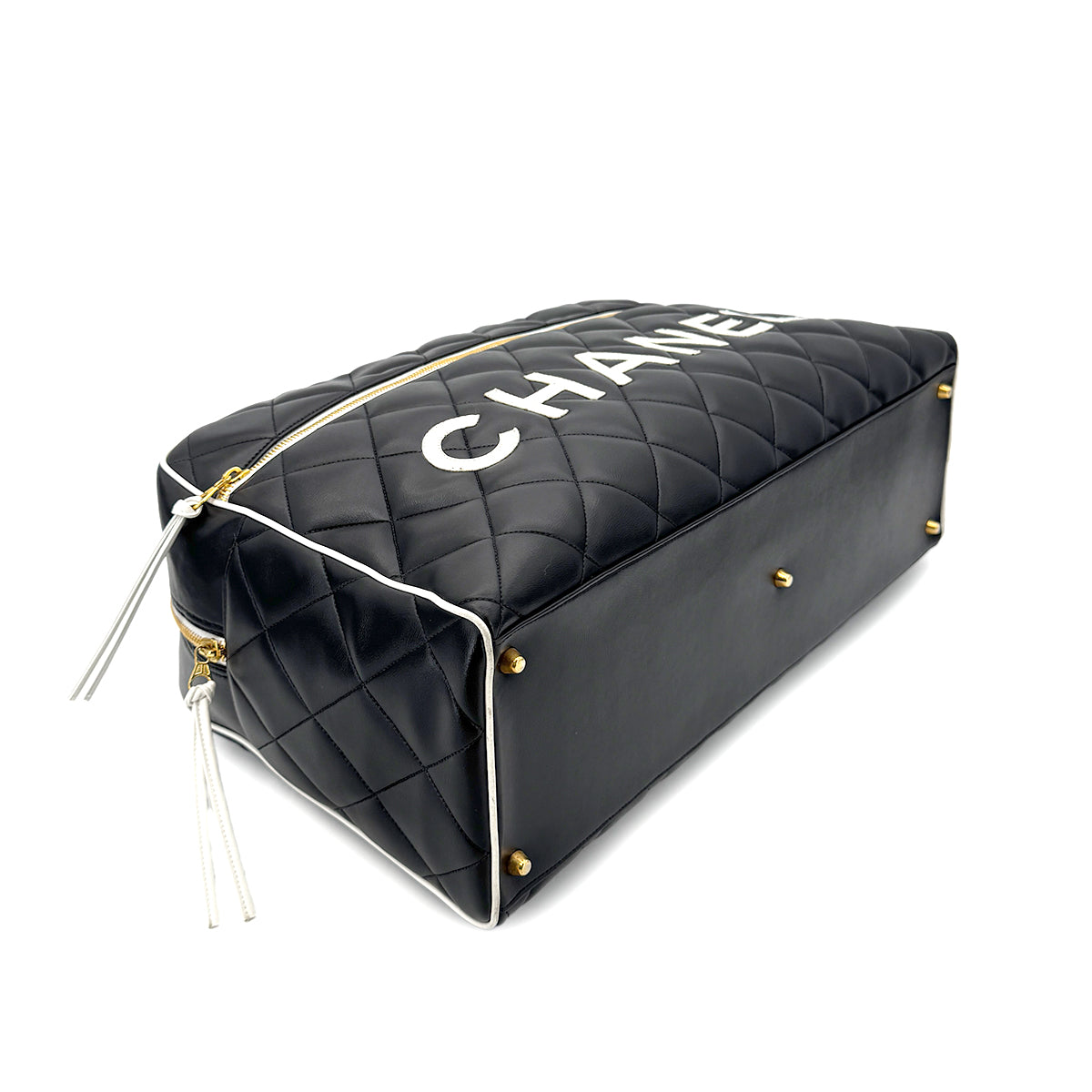 CHANEL VINTAGE MATELASSE LOGO LEATHER  BOSTON HAND BAG BLACK  90258901