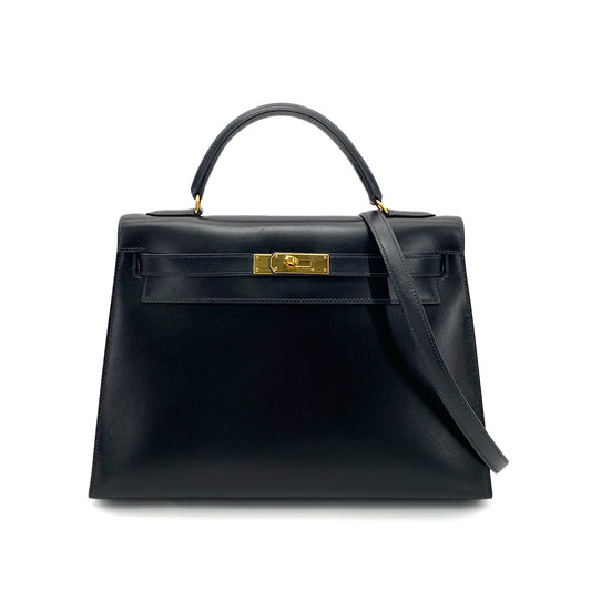 HERMES KELLY 32 SELLIER BLACK BOX CALF HAND SHOULDER BAG 〇X GHW 90258908
