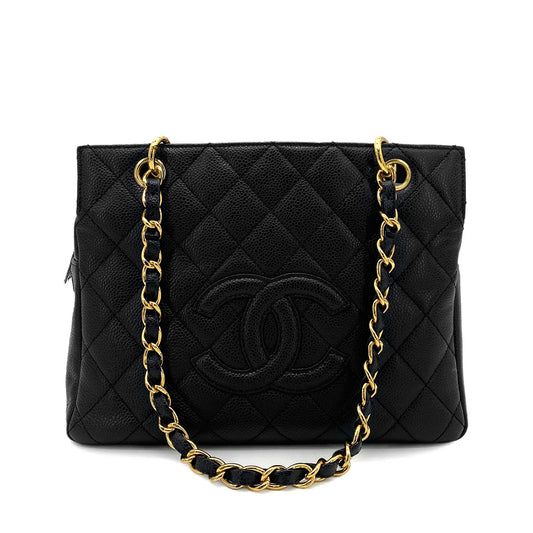 CHANEL VINTAGE PTT CHAIN TOTE BAG BLACK CAVIAR SKIN 90258916