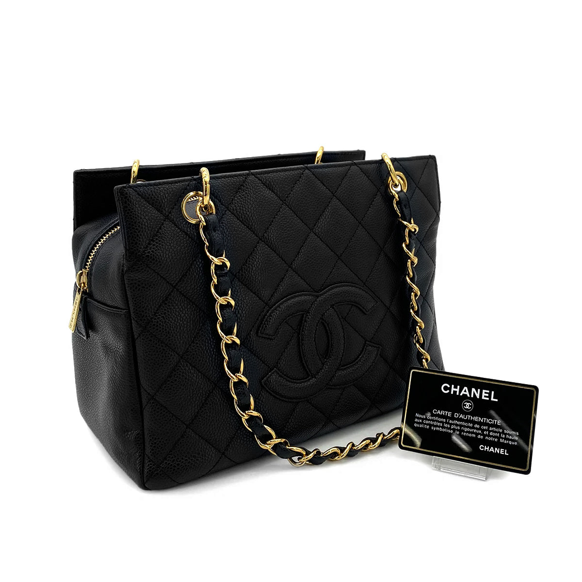 CHANEL VINTAGE PTT CHAIN TOTE BAG BLACK CAVIAR SKIN 90258916