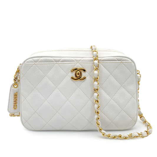 CHANEL VINTAGE MATELASSE CHAIN SHOULDER BAG WHITE CAVIAR SKIN 90258124