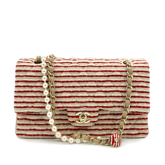 CHANEL COCO SAILOR MATELASSE SHOULDER BAG BEIGE RED CANVAS LEATHER 90259141
