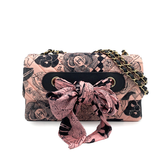 CHANEL VINTAGE CAMELLIA COTTON  SCARF RIBBON BYCOLOR PINK BLACK LAMB SKIN 90259583