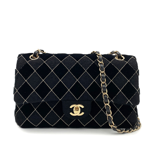 CHANEL MATELASSE MEDIUM CHAIN SHOULDER BAG BLACK TWEED VELOR 90259736