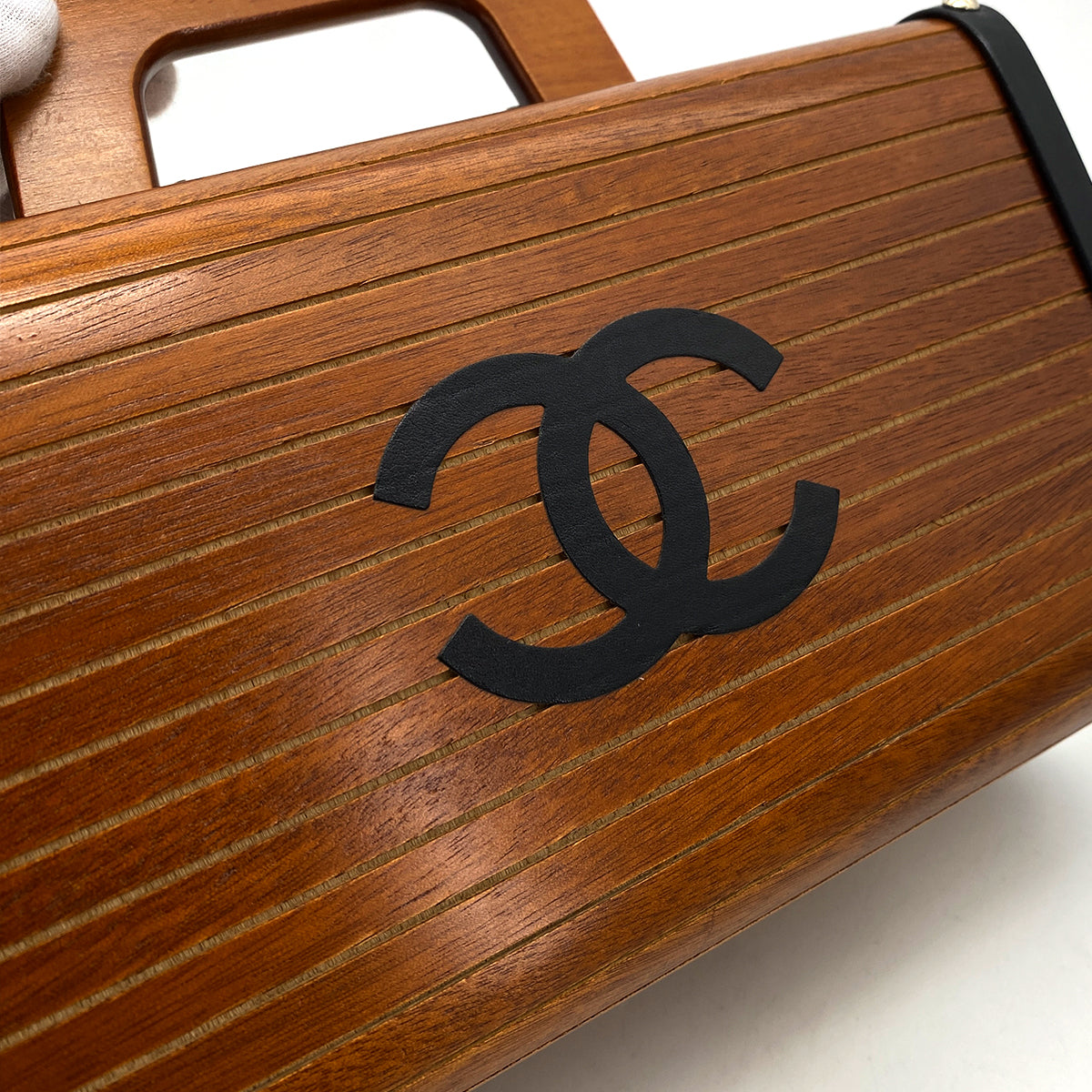 CHANEL VINTAGE WOOD VANITY HAND BAG WOOD LEATHER BROWN 90259737