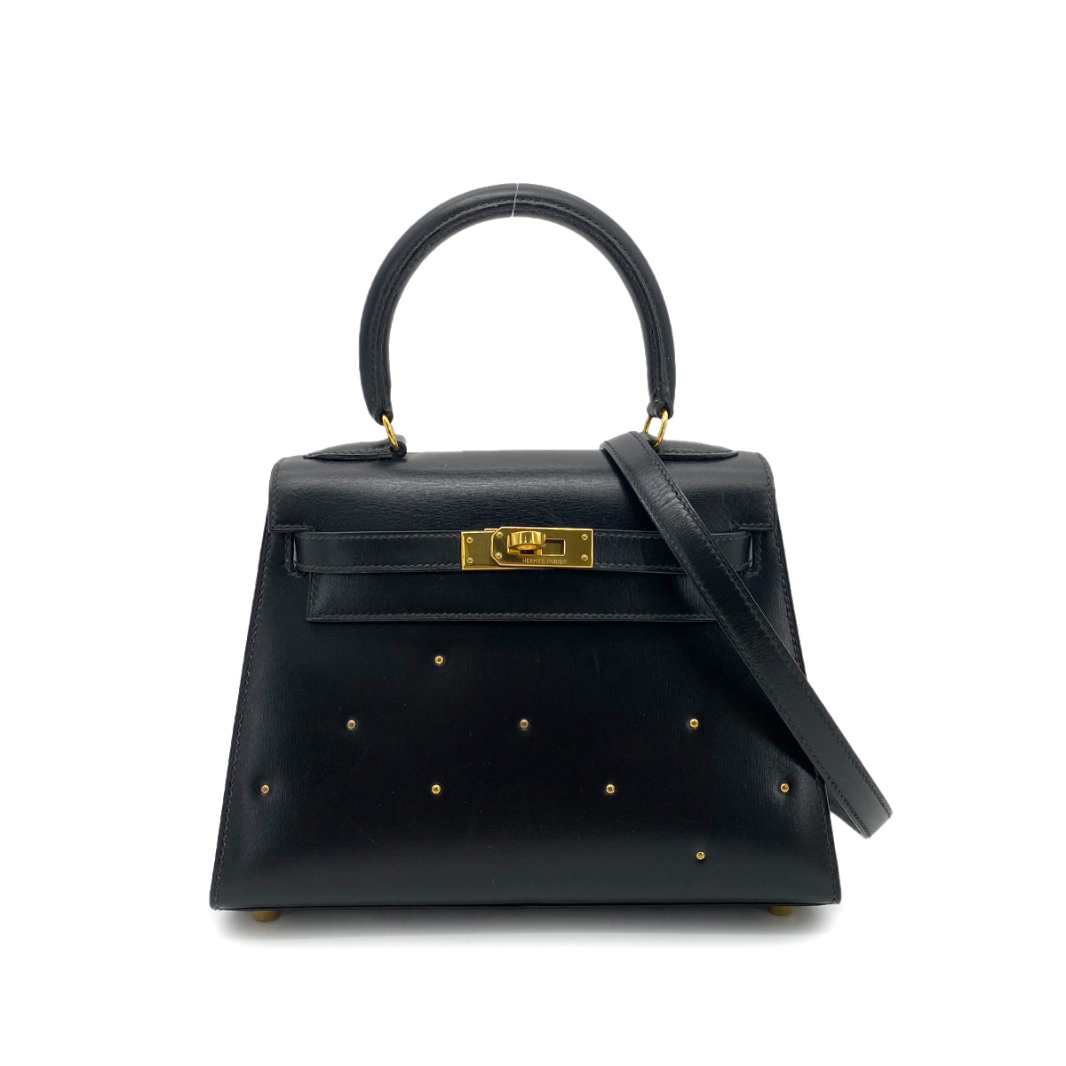 HERMES MINI KELLY 20 BLACK BOXCALF STUDS HAND SHOULDER BAG 〇X GHW 90259869
