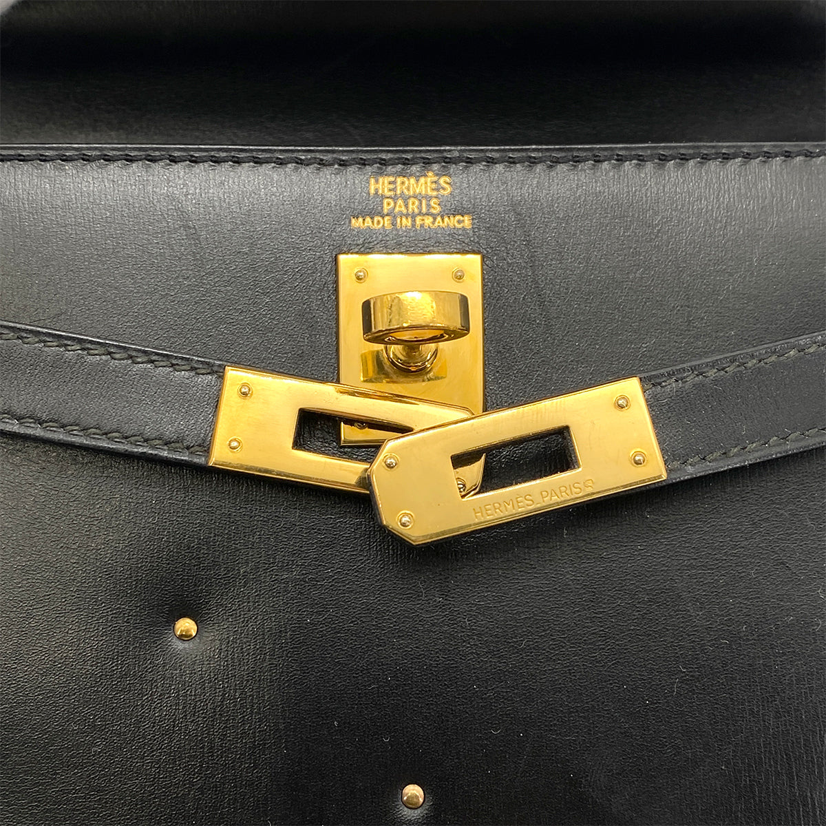 HERMES MINI KELLY 20 BLACK BOXCALF STUDS HAND SHOULDER BAG 〇X GHW 90259869
