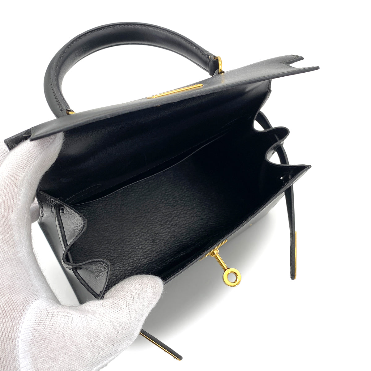 HERMES MINI KELLY 20 BLACK BOXCALF STUDS HAND SHOULDER BAG 〇X GHW 90259869