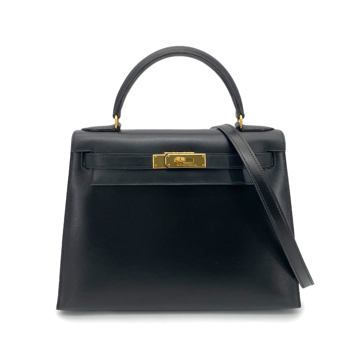 HERMES KELLY 28 SELLIER BLACK BOXCALF HAND SHOULDER BAG □A GHW 90259876