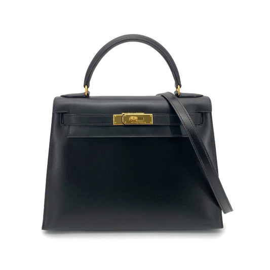 HERMES KELLY 28 SELLIER BLACK BOXCALF HAND SHOULDER BAG □A GHW 90259876