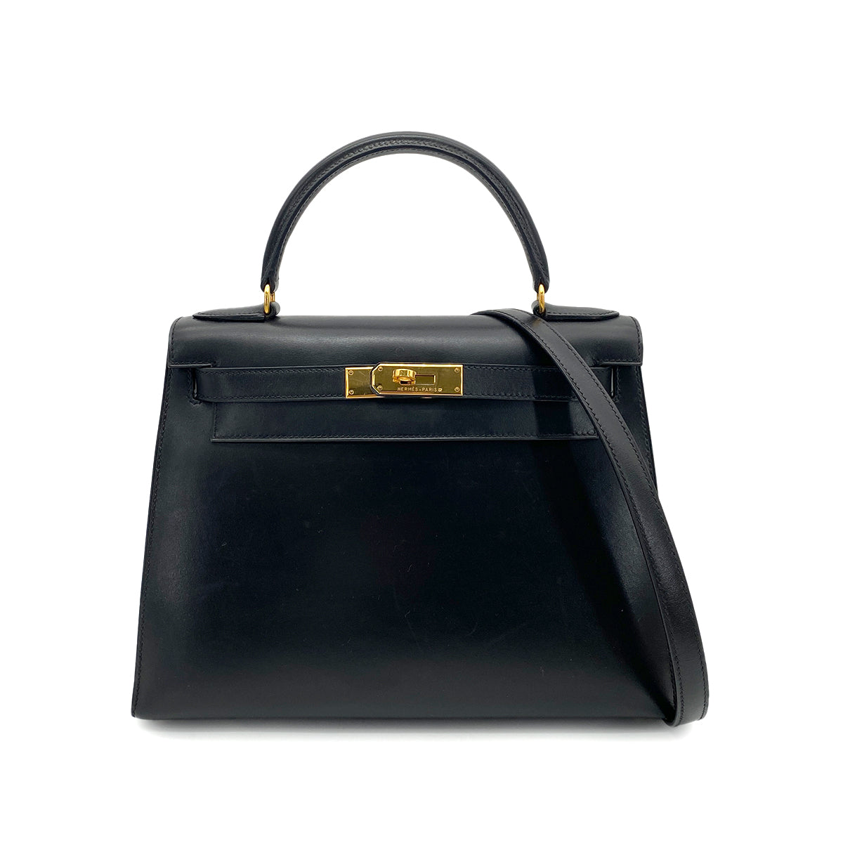 HERMES KELLY 28 SELLIER BLACK BOXCALF HAND SHOULDER BAG □A GHW 90259880