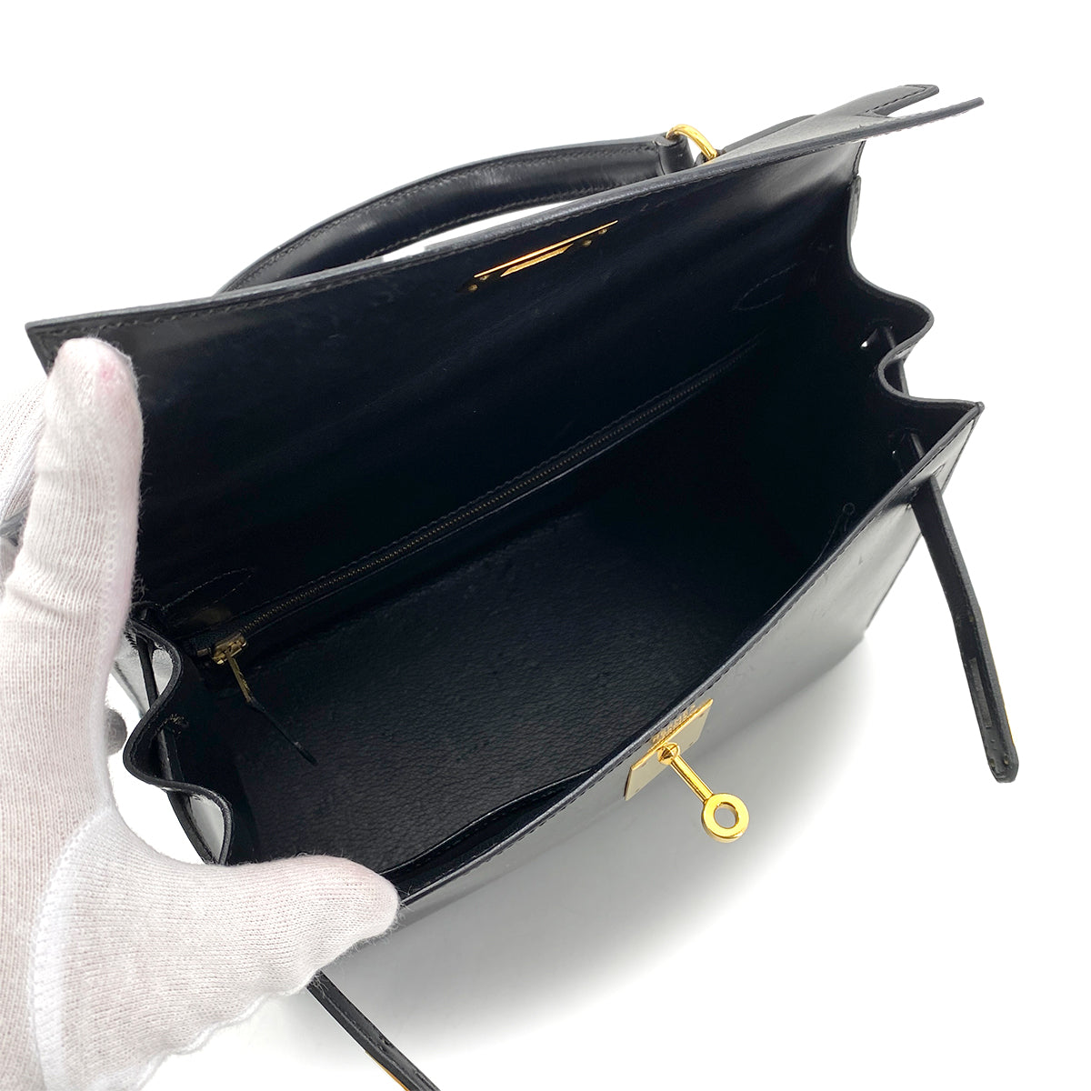 HERMES KELLY 28 SELLIER BLACK BOXCALF HAND SHOULDER BAG □A GHW 90259880