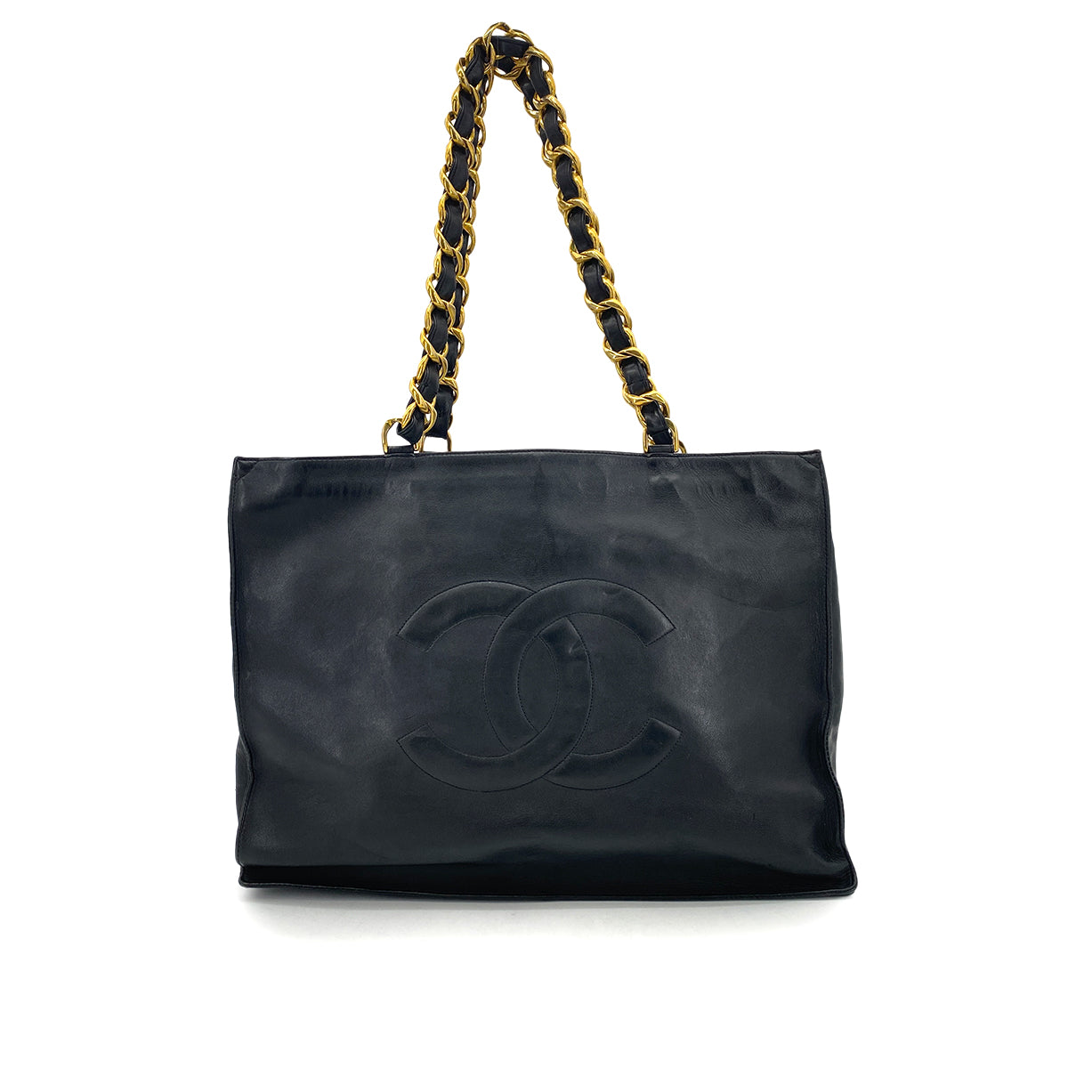 CHANEL VINTAGE BIG COCO CHAIN TOTE BAG BLACK LAMB SKIN 90260120