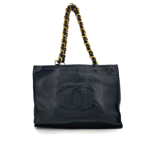 CHANEL VINTAGE BIG COCO CHAIN TOTE BAG BLACK LAMB SKIN 90260120