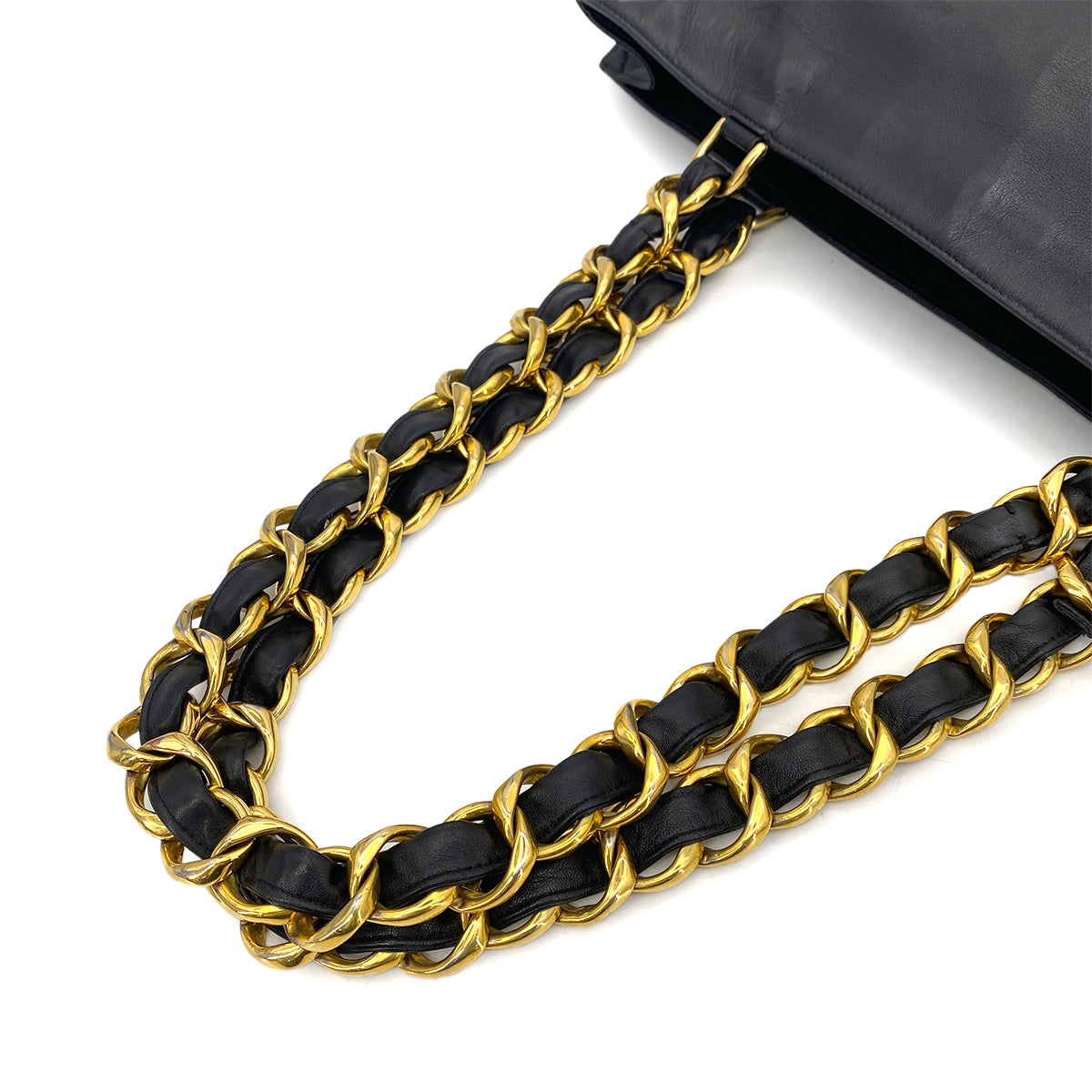 CHANEL VINTAGE BIG COCO CHAIN TOTE BAG BLACK LAMB SKIN 90260120