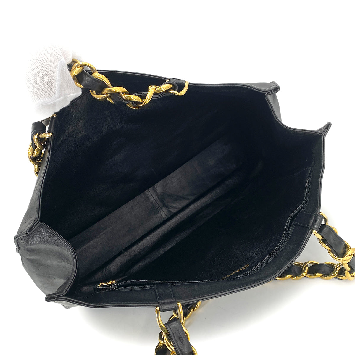 CHANEL VINTAGE BIG COCO CHAIN TOTE BAG BLACK LAMB SKIN 90260120