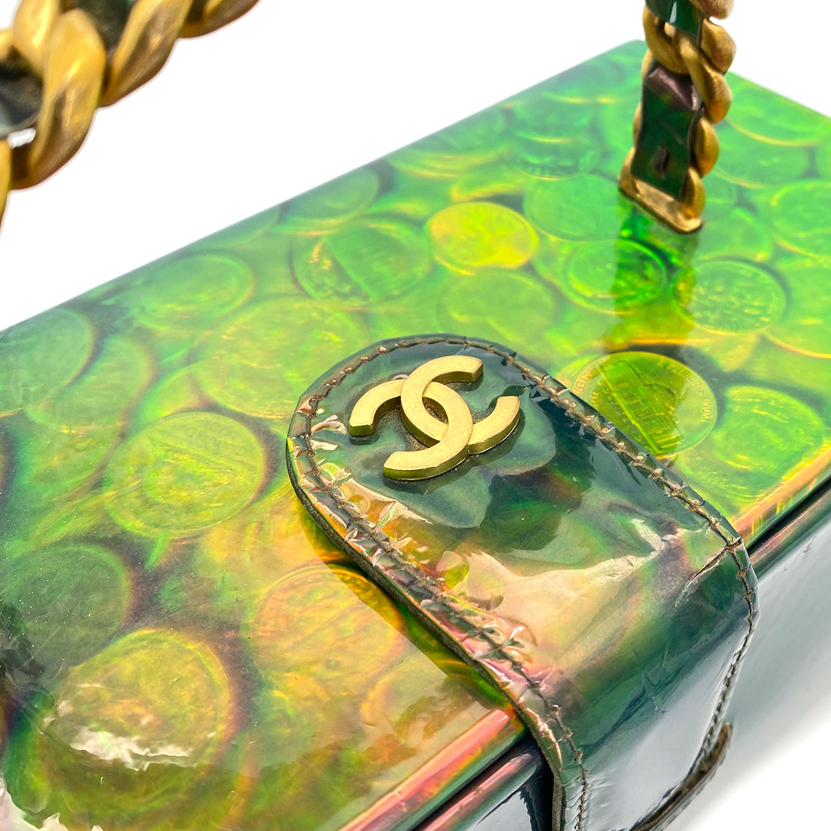 CHANEL VINTAGE COIN PATTERN HAND BAG GREEN ENAMEL 90260132