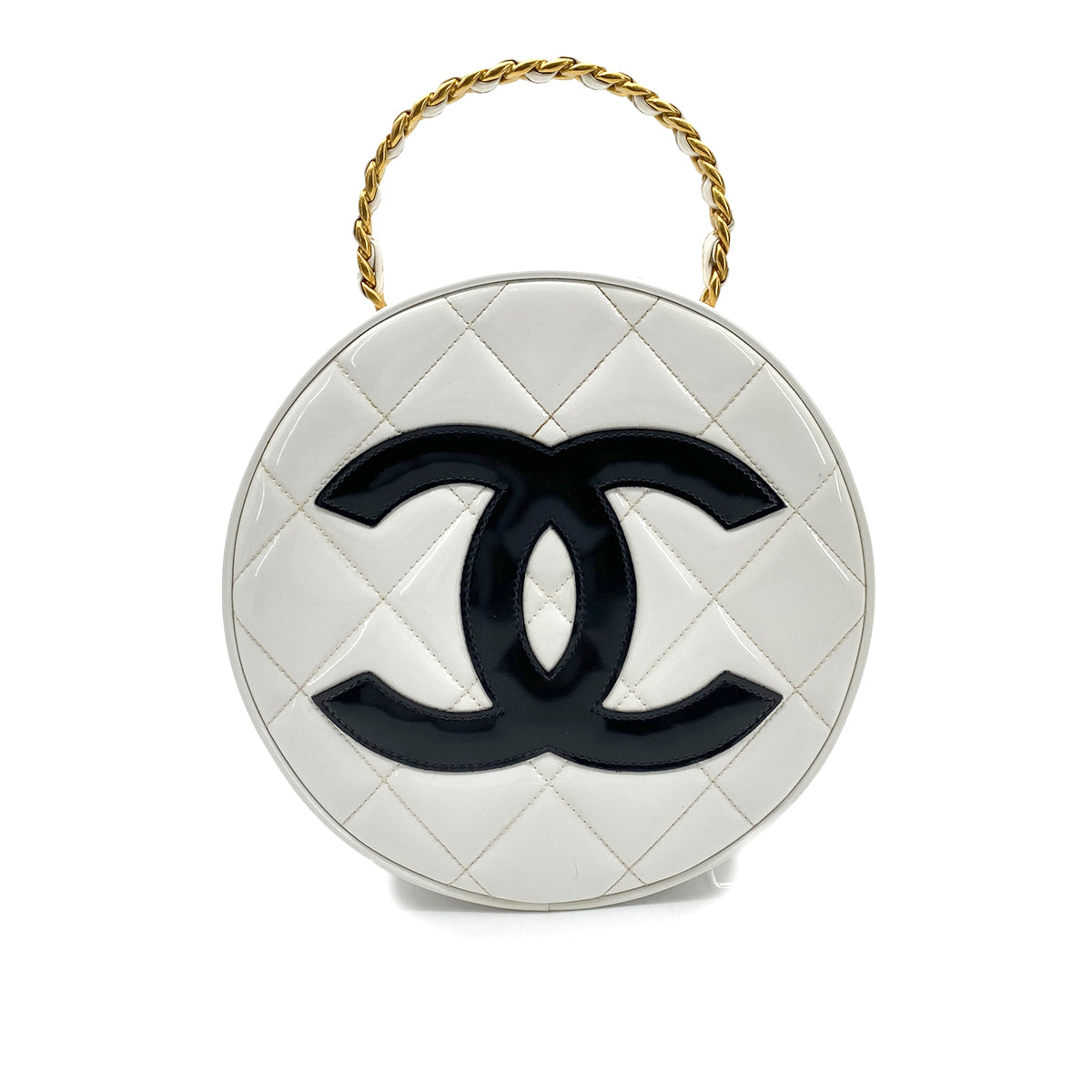 CHANEL VINTAGE ROUND VANITY HAND BAG WHITE BLACK ENAMEL 90260133