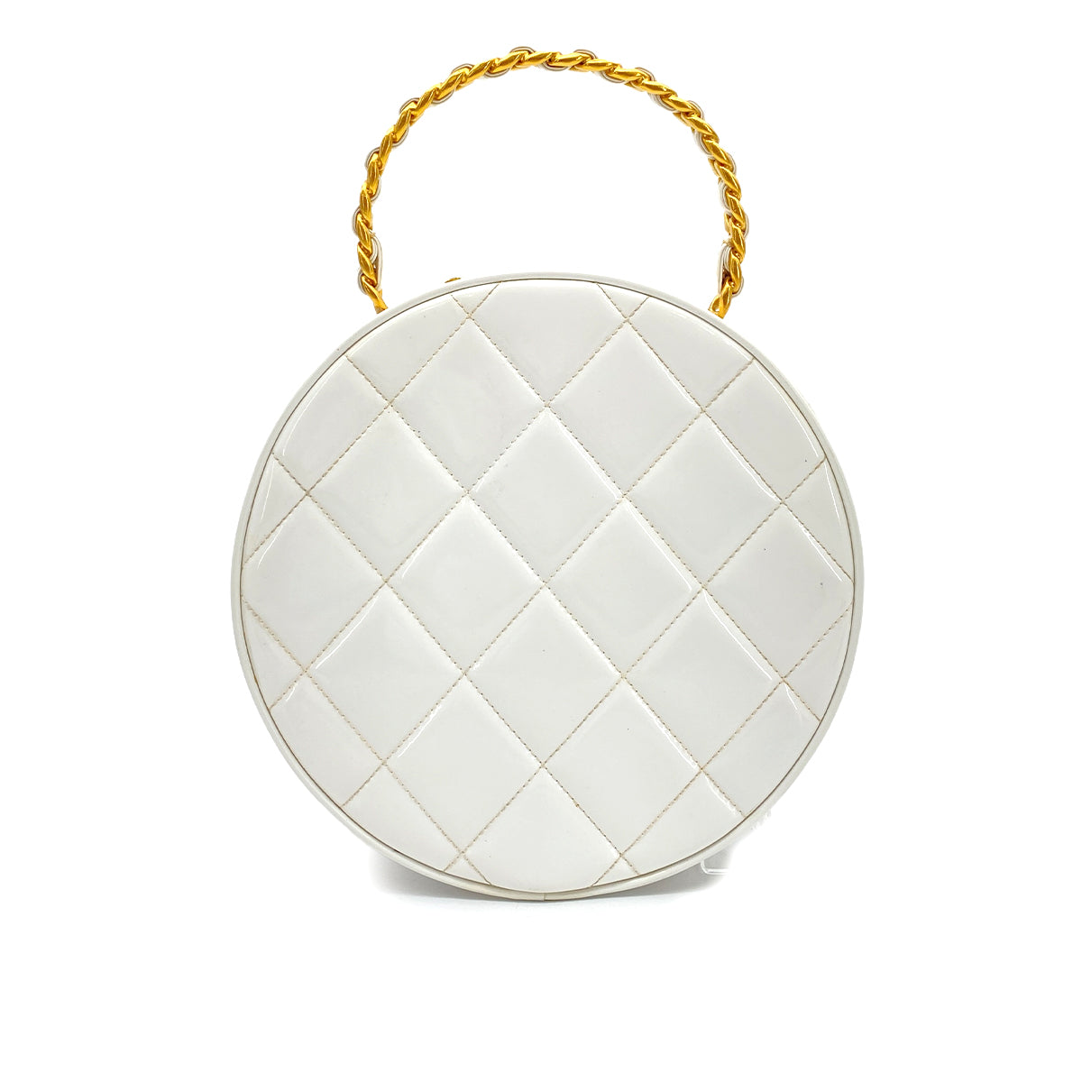 CHANEL VINTAGE ROUND VANITY HAND BAG WHITE BLACK ENAMEL 90260133