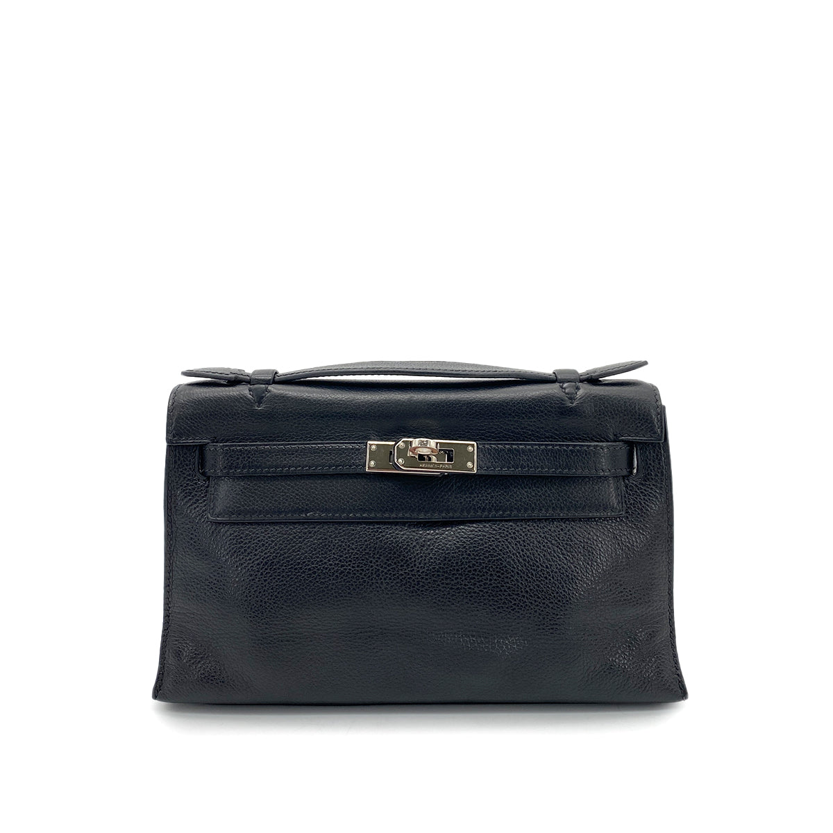 HERMES KELLY POCHETTE SELLIER BLACK EVERGRAIN HAND BAG □H SHW 90260136