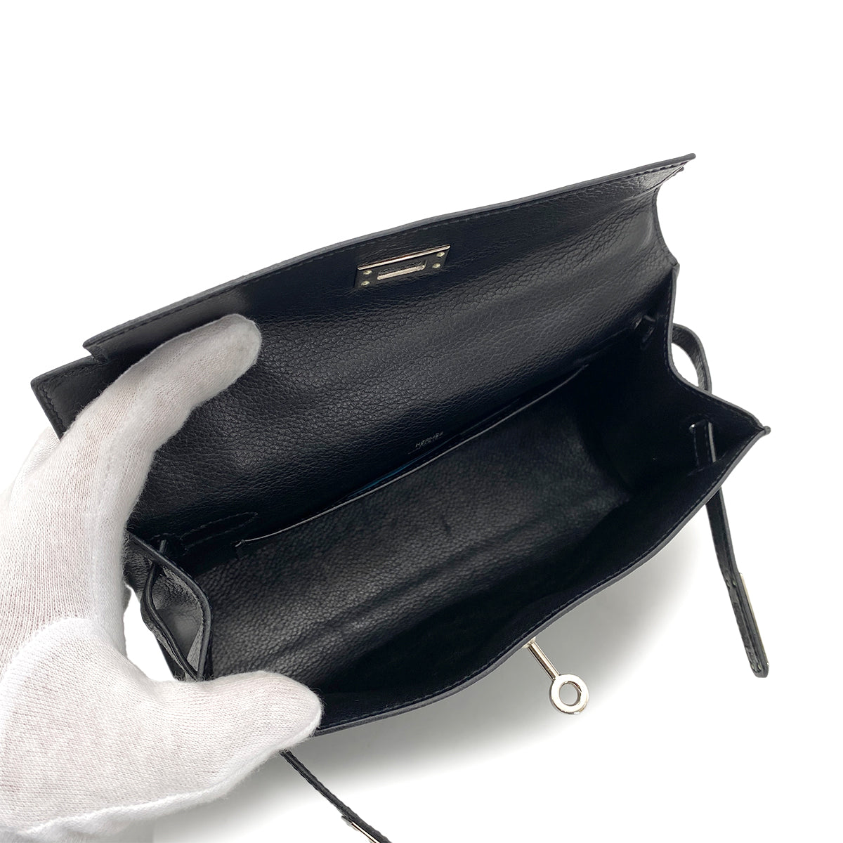 HERMES KELLY POCHETTE SELLIER BLACK EVERGRAIN HAND BAG □H SHW 90260136