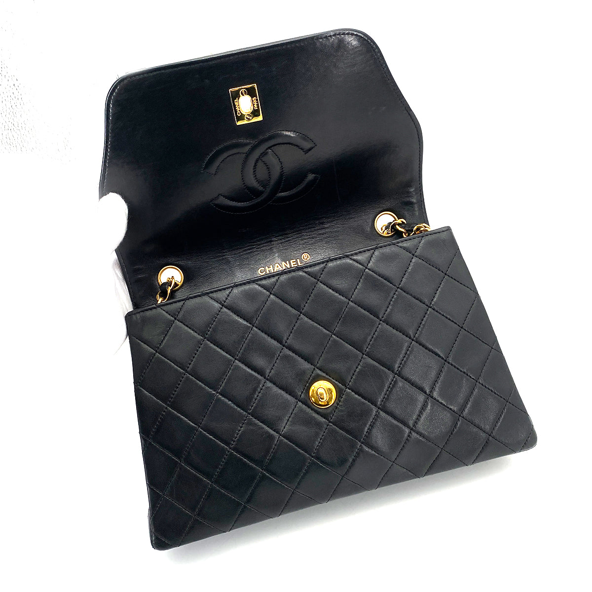 CHANEL VINTAGE TRAPEZOID CHAIN SHOULDER BAG BLACK LAMB SKIN 90260137