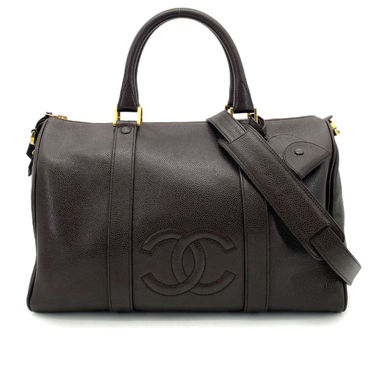 CHANEL VINTAGE BOSTON HAND SHOULDER BAG DARK BROWN CAVIAR SKIN 90260146