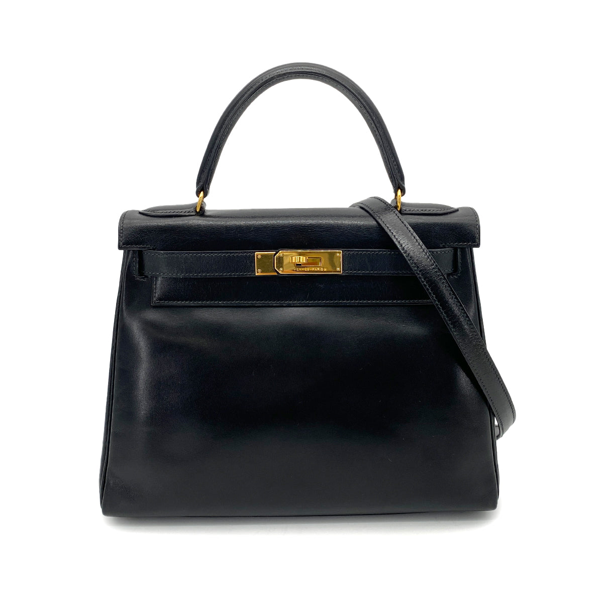 HERMES KELLY 28 RETOURNE BLACK BOXCALF HAND SHOULDER BAG 〇U GHW 90260147