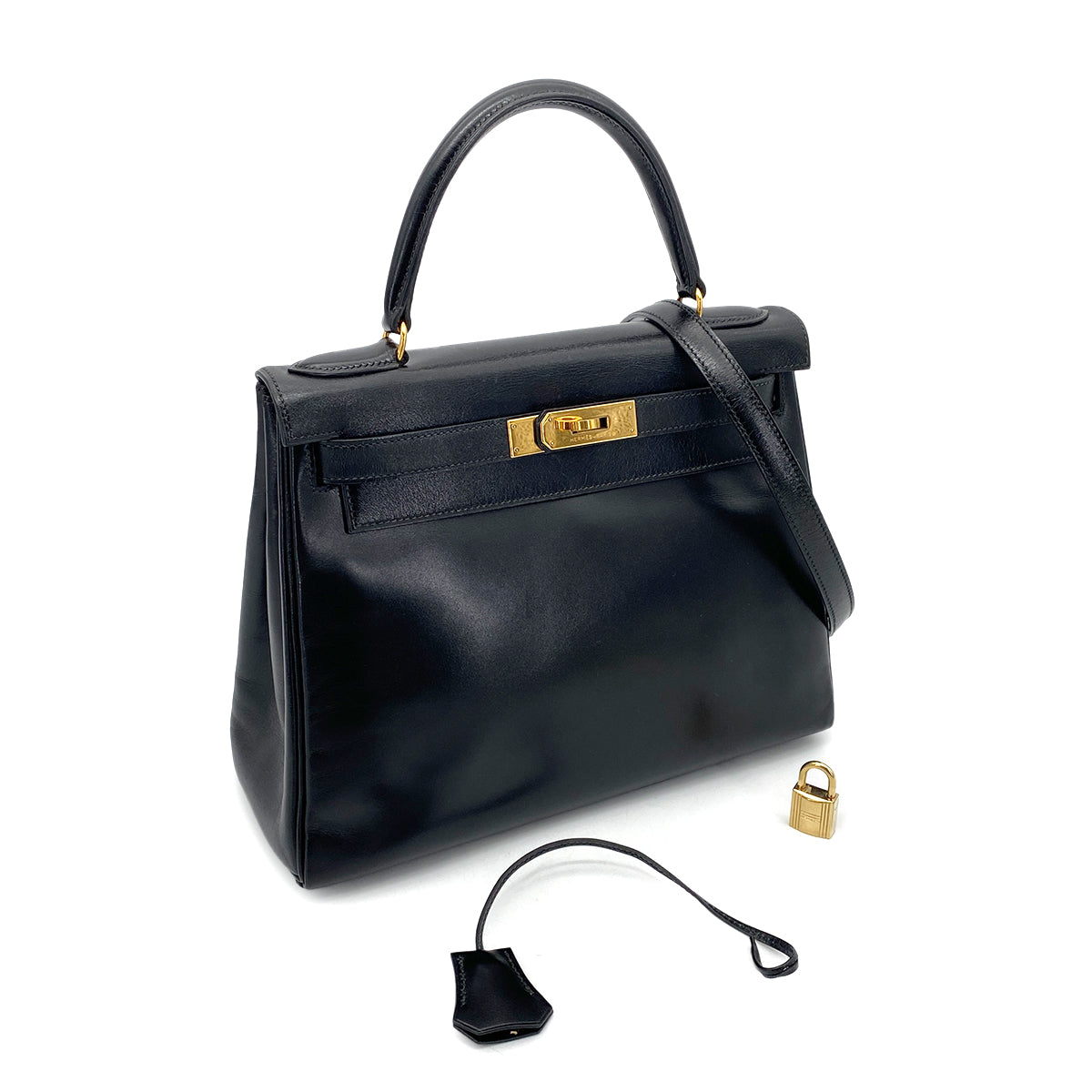HERMES KELLY 28 RETOURNE BLACK BOXCALF HAND SHOULDER BAG 〇U GHW 90260147