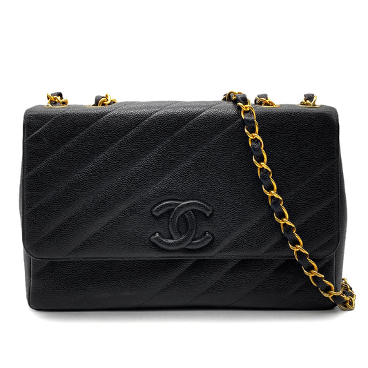 CHANEL VINTAGE BIAS STITCH CHAIN SHOULDER BAG BLACK CAVIAR SKIN 90260184