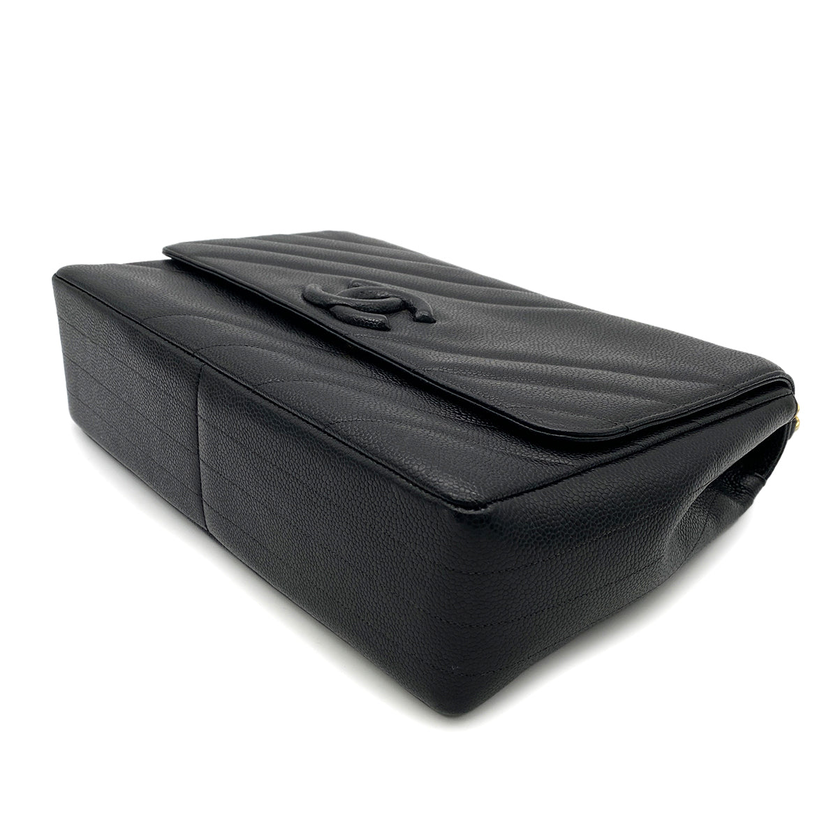 CHANEL VINTAGE BIAS STITCH CHAIN SHOULDER BAG BLACK CAVIAR SKIN 90260184