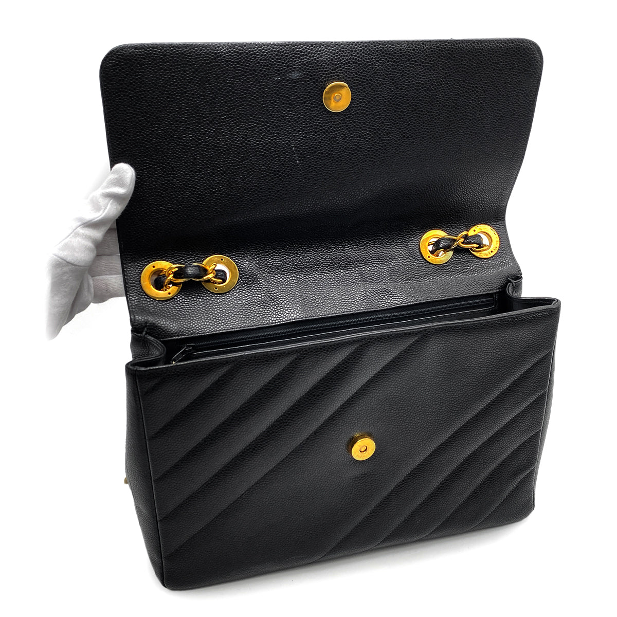 CHANEL VINTAGE BIAS STITCH CHAIN SHOULDER BAG BLACK CAVIAR SKIN 90260184