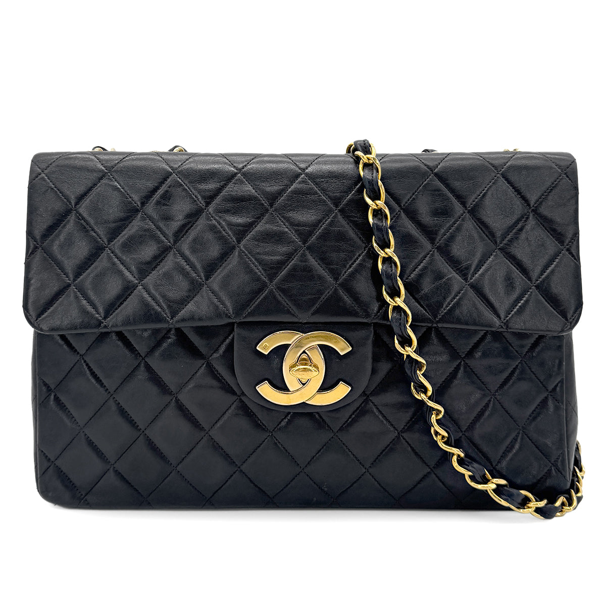 CHANEL VINTAGE MAXI MATELASSE 34 CHAIN SHOULDER BAG BLACK LAMB SKIN 90260187
