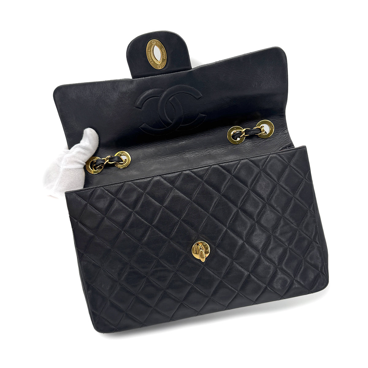 CHANEL VINTAGE MAXI MATELASSE 34 CHAIN SHOULDER BAG BLACK LAMB SKIN 90260187