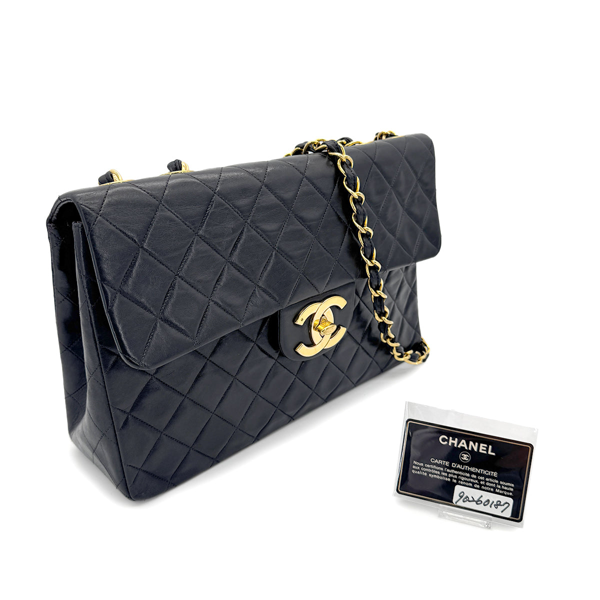 CHANEL VINTAGE MAXI MATELASSE 34 CHAIN SHOULDER BAG BLACK LAMB SKIN 90260187