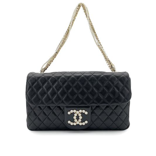 CHANEL WESTMINSTER CHAIN SHOULDER BAG FAKE PEARL BLACK LAMB SKIN 90260188