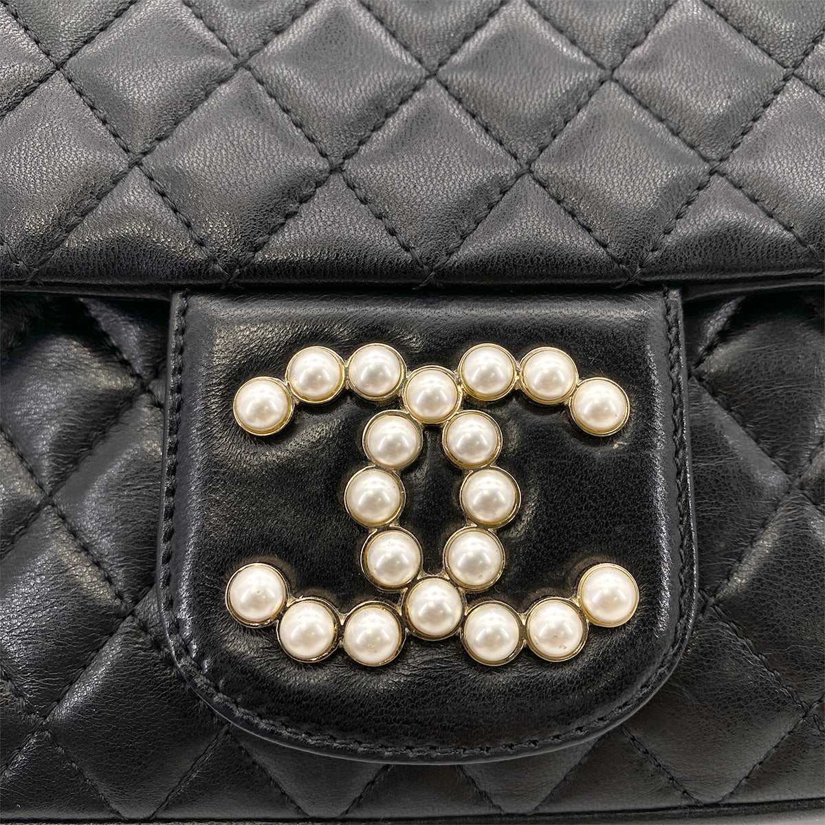 CHANEL WESTMINSTER CHAIN SHOULDER BAG FAKE PEARL BLACK LAMB SKIN 90260188