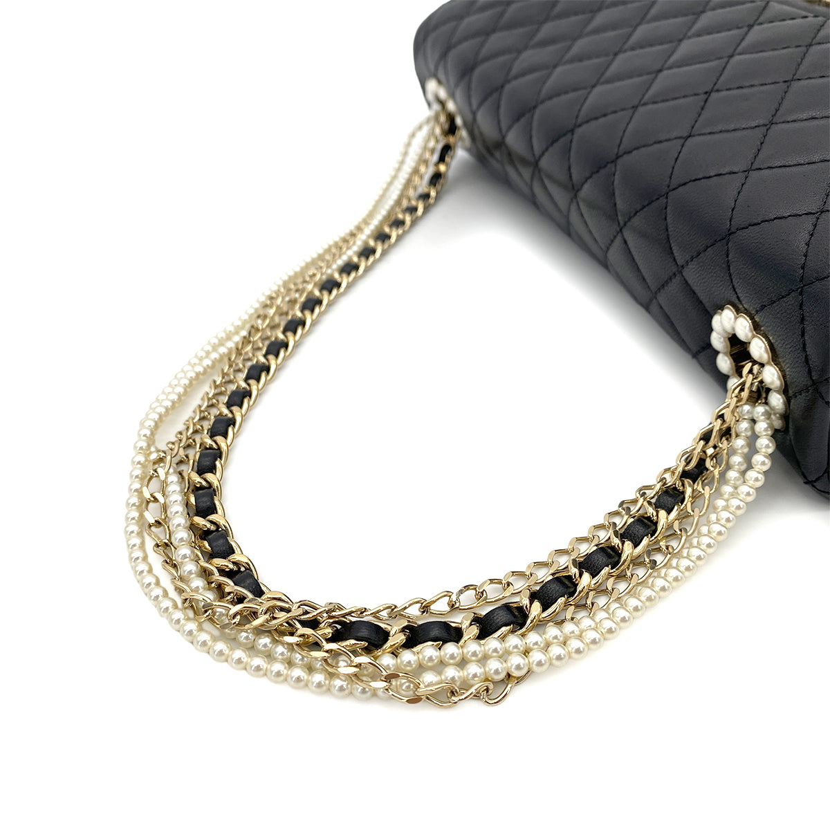 CHANEL WESTMINSTER CHAIN SHOULDER BAG FAKE PEARL BLACK LAMB SKIN 90260188
