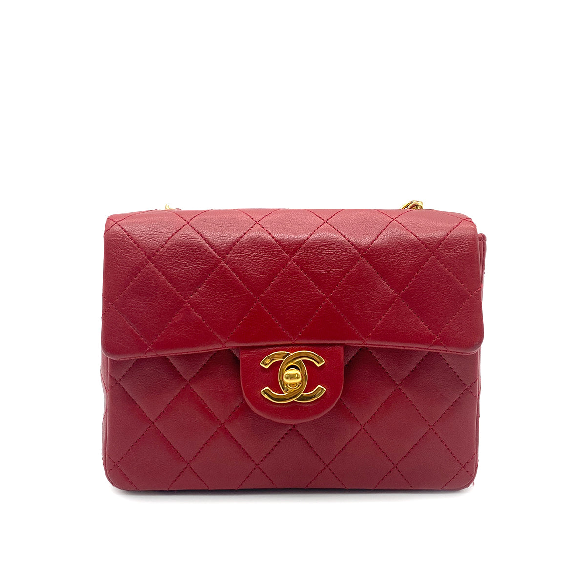 CHANEL VINTAGE MINI SQUARE 17 CHAIN HAND BAG RED LAMB SKIN 90260487