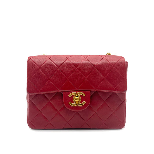 CHANEL VINTAGE MINI SQUARE 17 CHAIN HAND BAG RED LAMB SKIN 90260487